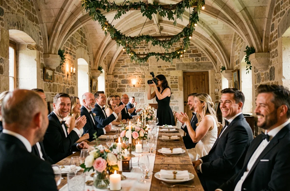 Adeline K. Photographe lors d'un reportage mariage dans un château français avec invités
