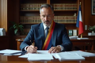 Adjoint au maire en costume avec écharpe tricolore examinant des documents salariaux dans un bureau de mairie