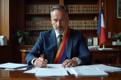 Adjoint au maire en costume avec écharpe tricolore examinant des documents salariaux dans un bureau de mairie