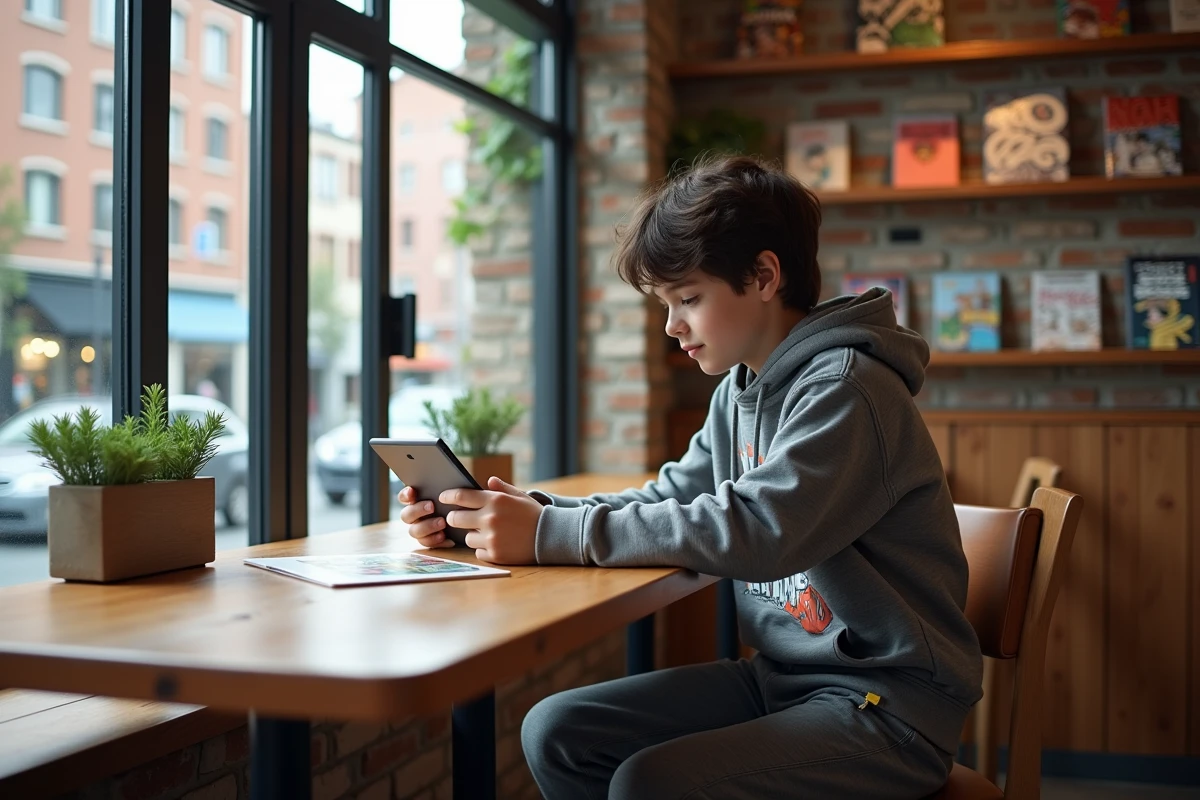 Adolescent lisant manga dans un café urbain