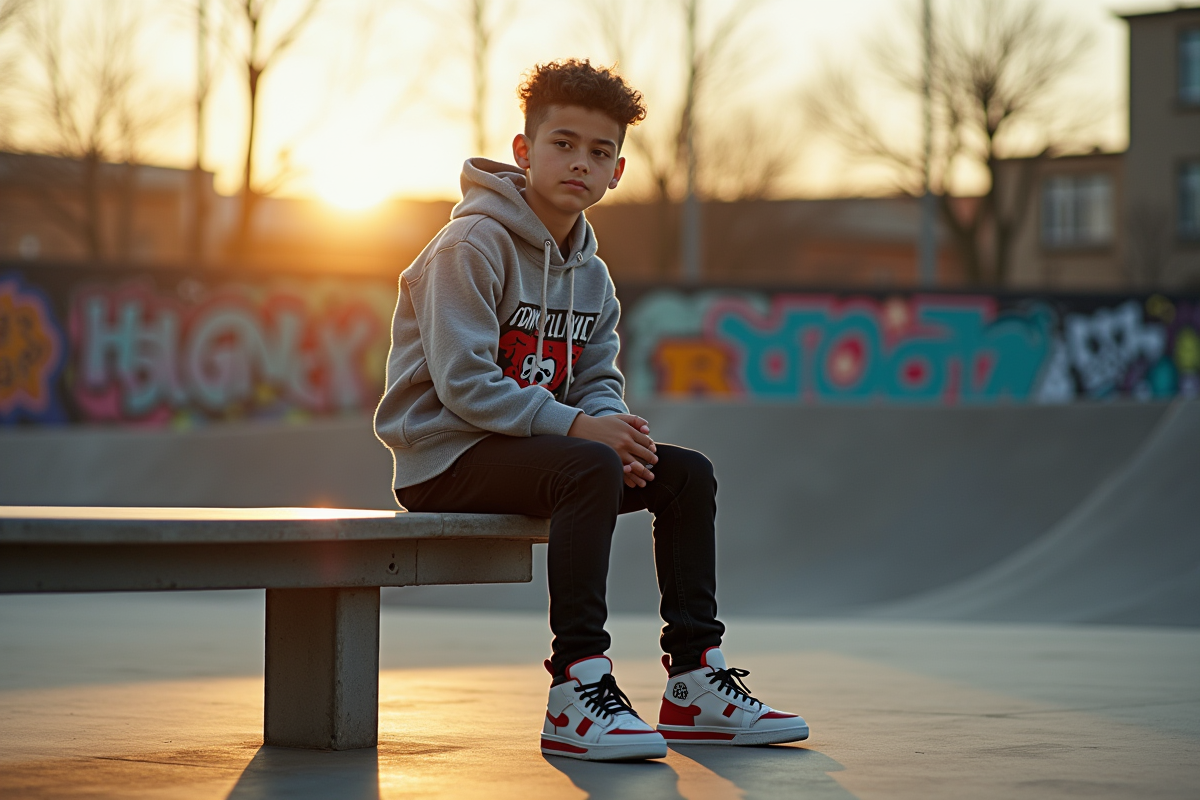 Adolescent en streetwear assis sur un banc au skatepark ensoleille
