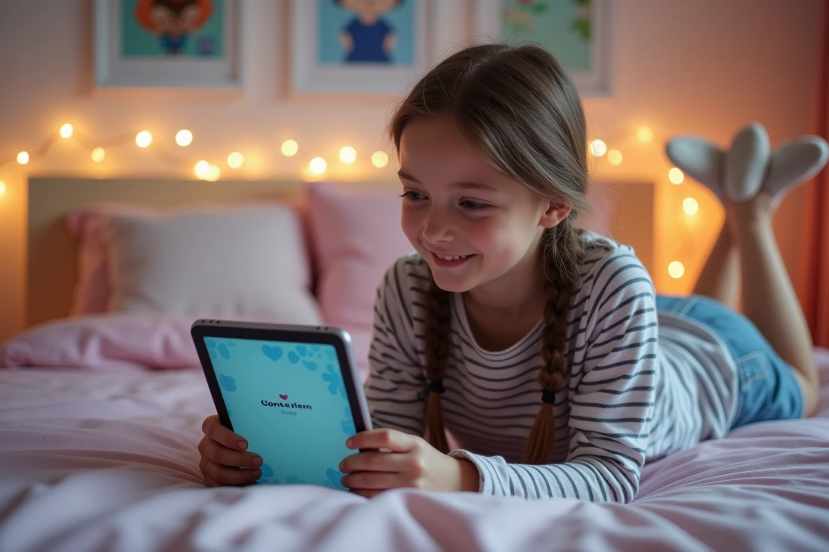 Adolescente lisant un webtoon en VF sur une tablette allongée sur son lit dans une chambre décorée