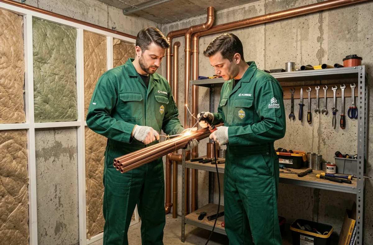 Deux plombiers Alpes Plomberie travaillant sur une installation de tuyauterie en cuivre