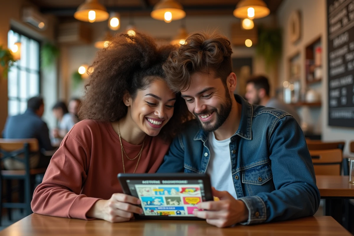 Deux amis lisant un manga BL en français sur tablette dans un café, discutant de la légalité des scans