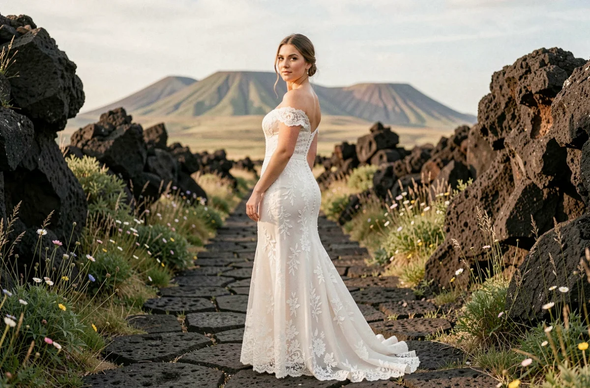Portrait de mariée en robe de dentelle dans le paysage volcanique d'Auvergne par Anaïs CPhotographe