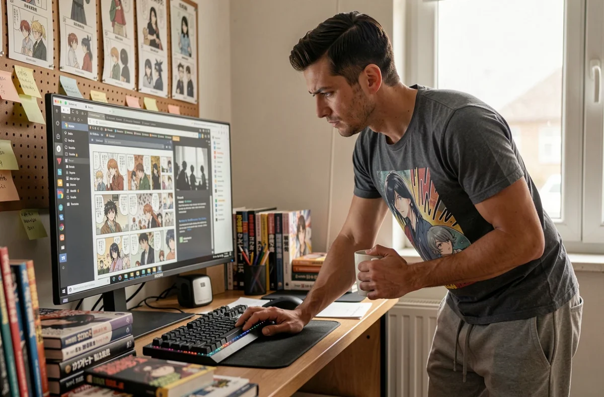 Passionné de One Punch Man analysant des chapitres scanlations sur un écran d'ordinateur dans un bureau manga