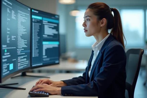 Professionnelle analysant des données de scan de documents sur un écran de bureau moderne dans un open space contemporain