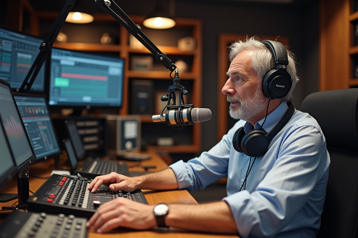 Animateur radio ajustant console dans studio professionnel