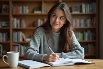 Jeune femme apprenant l'anglais à son bureau, prenant des notes dans un cahier ouvert avec un manuel de langue anglaise, illustrant l'apprentissage des horaires en anglais comme 10pm