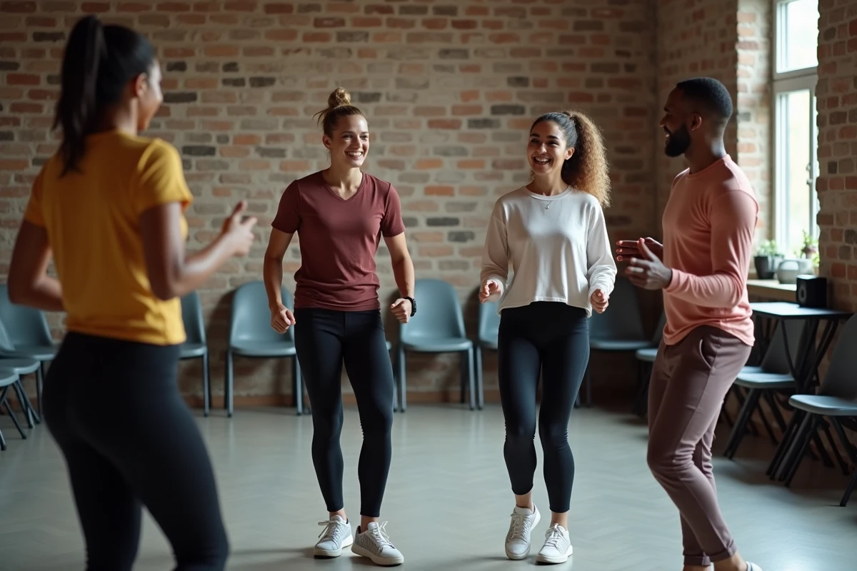 Atelier de zouk en groupe dans une salle communautaire, cours de danse débutant avec instructeur