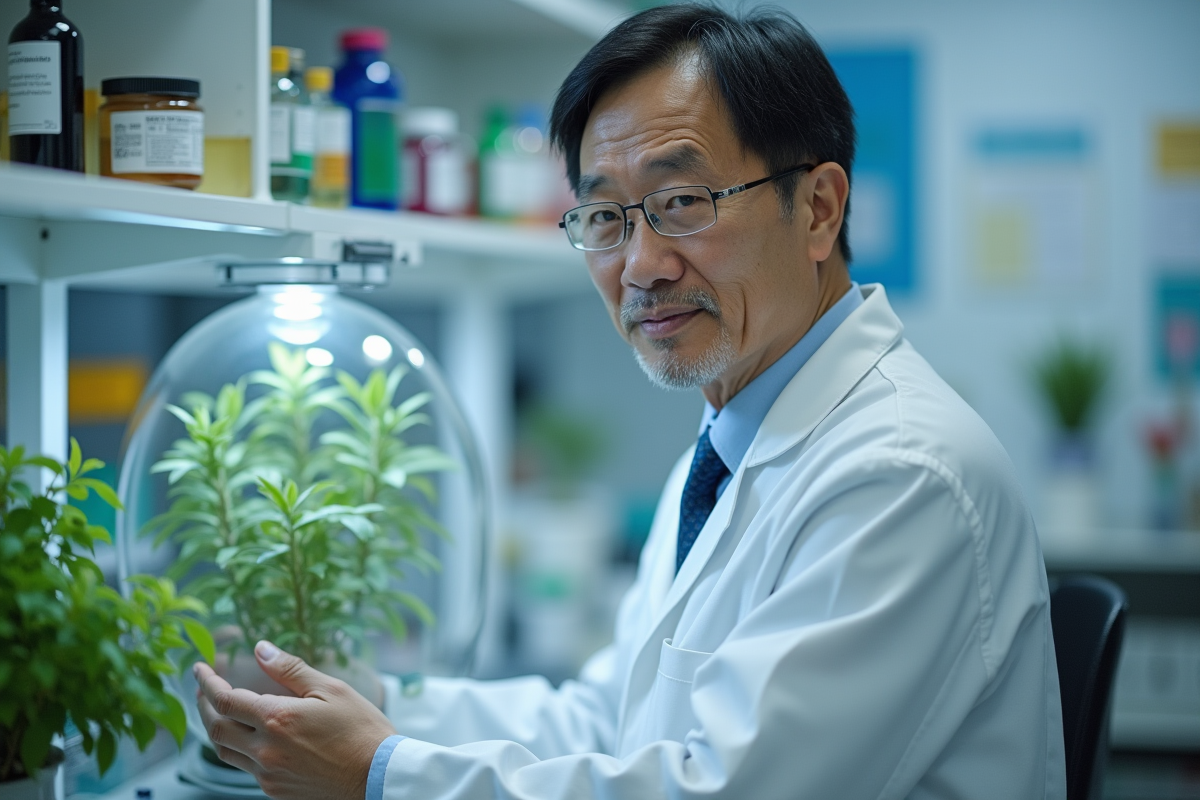 Biologiste observant une plante sous une globe dans un laboratoire moderne