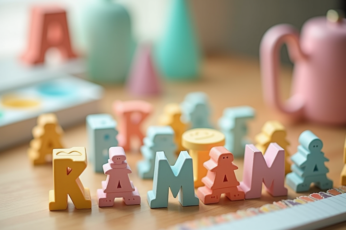 Disposition de blocs alphabet avec noms commençant par A sur une table en bois