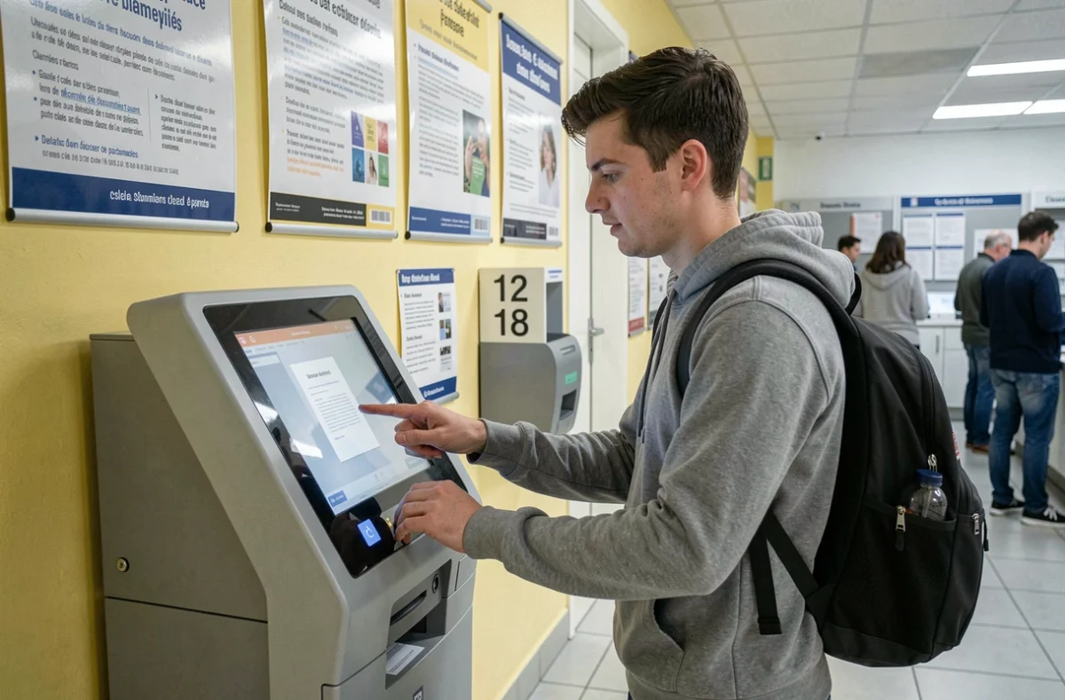 Jeune homme utilisant une borne d'impression en libre-service dans un bureau de La Poste