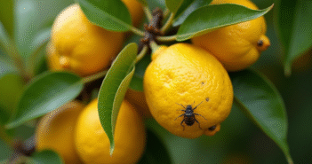 Branche de citron sain avec cochenilles et feuilles vertes