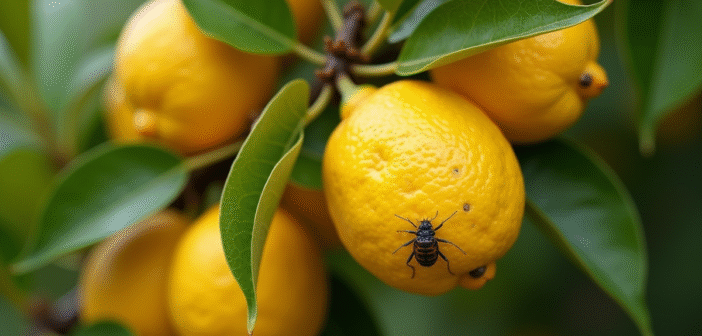 Branche de citron sain avec cochenilles et feuilles vertes