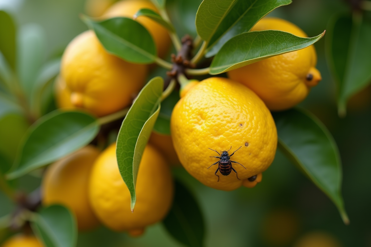 Branche de citron sain avec cochenilles et feuilles vertes