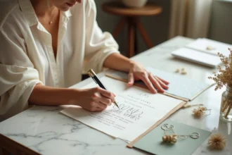 Femme calligraphiant des chiffres romains sur un faire-part de mariage élégant posé sur une table en chêne rustique