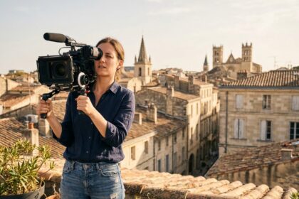 Jeune femme cameraman tenant une caméra de cinéma professionnelle sur un toit avec vue sur les toits de Montpellier