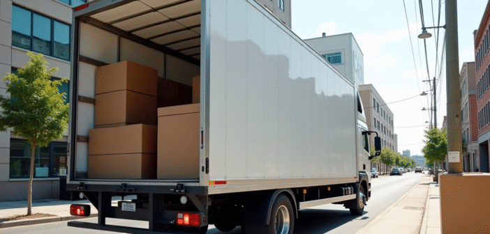 Camion de déménagement urbain avec meubles ouverts