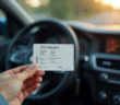 Main tenant une carte grise française près du tableau de bord