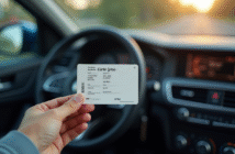 Main tenant une carte grise française près du tableau de bord