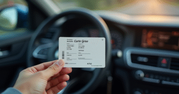Main tenant une carte grise française près du tableau de bord