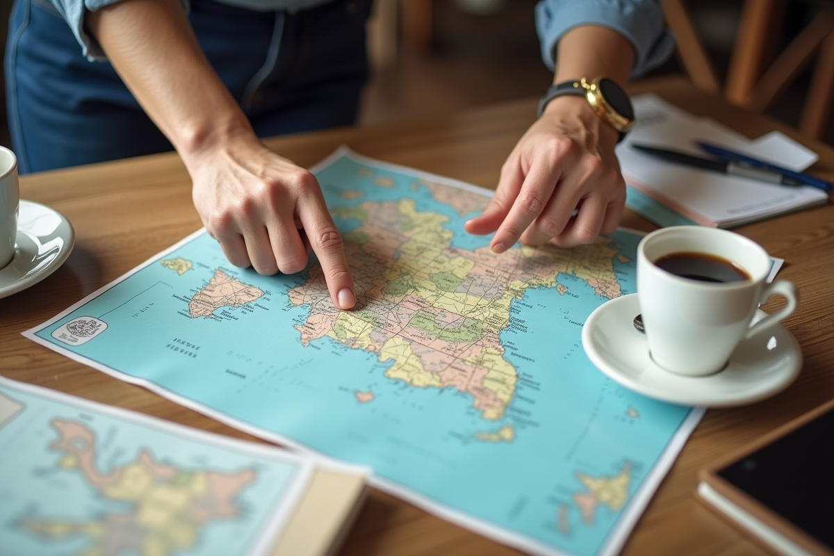 Mains pointant une destination sur une carte de voyage au café