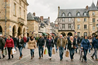 Place animée du centre-ville de Rennes avec une foule diverse de piétons sur les pavés, architecture bretonne en arrière-plan
