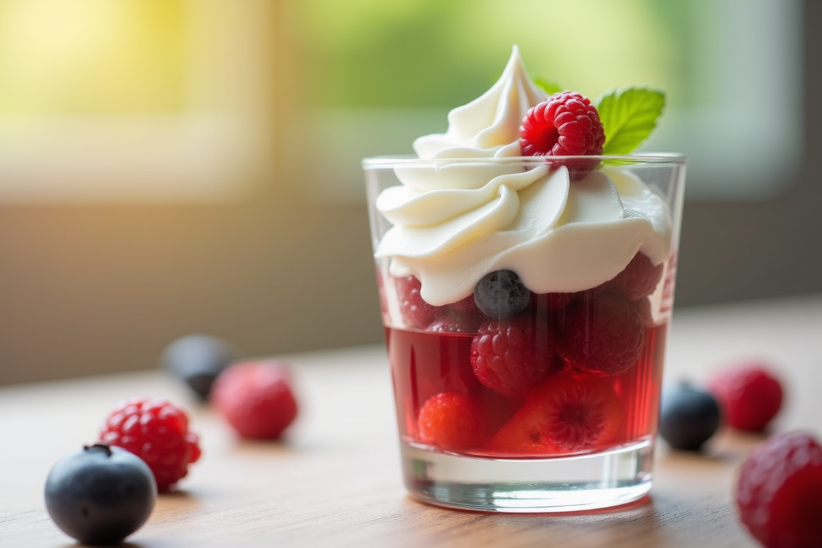 Garniture de chantilly avec des baies dans un verre en lumière naturelle