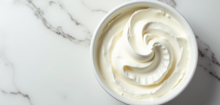 Crème chantilly maison délicatement dressée dans un bol blanc