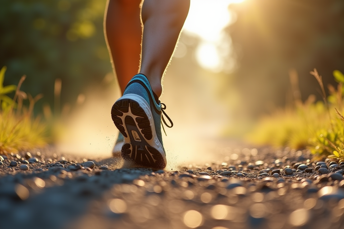 Zoom sur des chaussures de course sur un sentier en gravier en plein jour