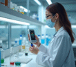 Chercheur en laboratoire avec un dispositif de suivi du glucose