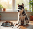Jeune chiot husky assis près d'une gamelle en acier inoxydable