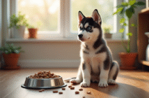 Jeune chiot husky assis près d'une gamelle en acier inoxydable
