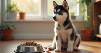 Jeune chiot husky assis près d'une gamelle en acier inoxydable