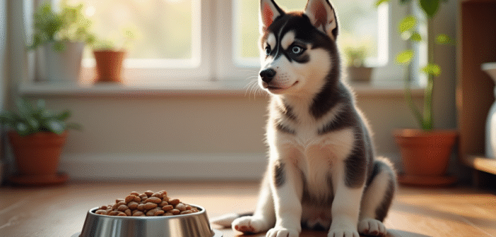 Jeune chiot husky assis près d'une gamelle en acier inoxydable