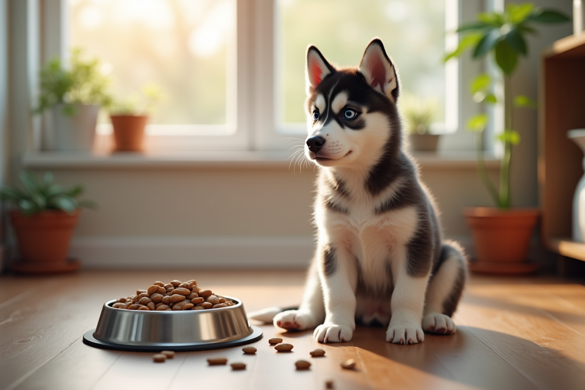 Jeune chiot husky assis près d'une gamelle en acier inoxydable