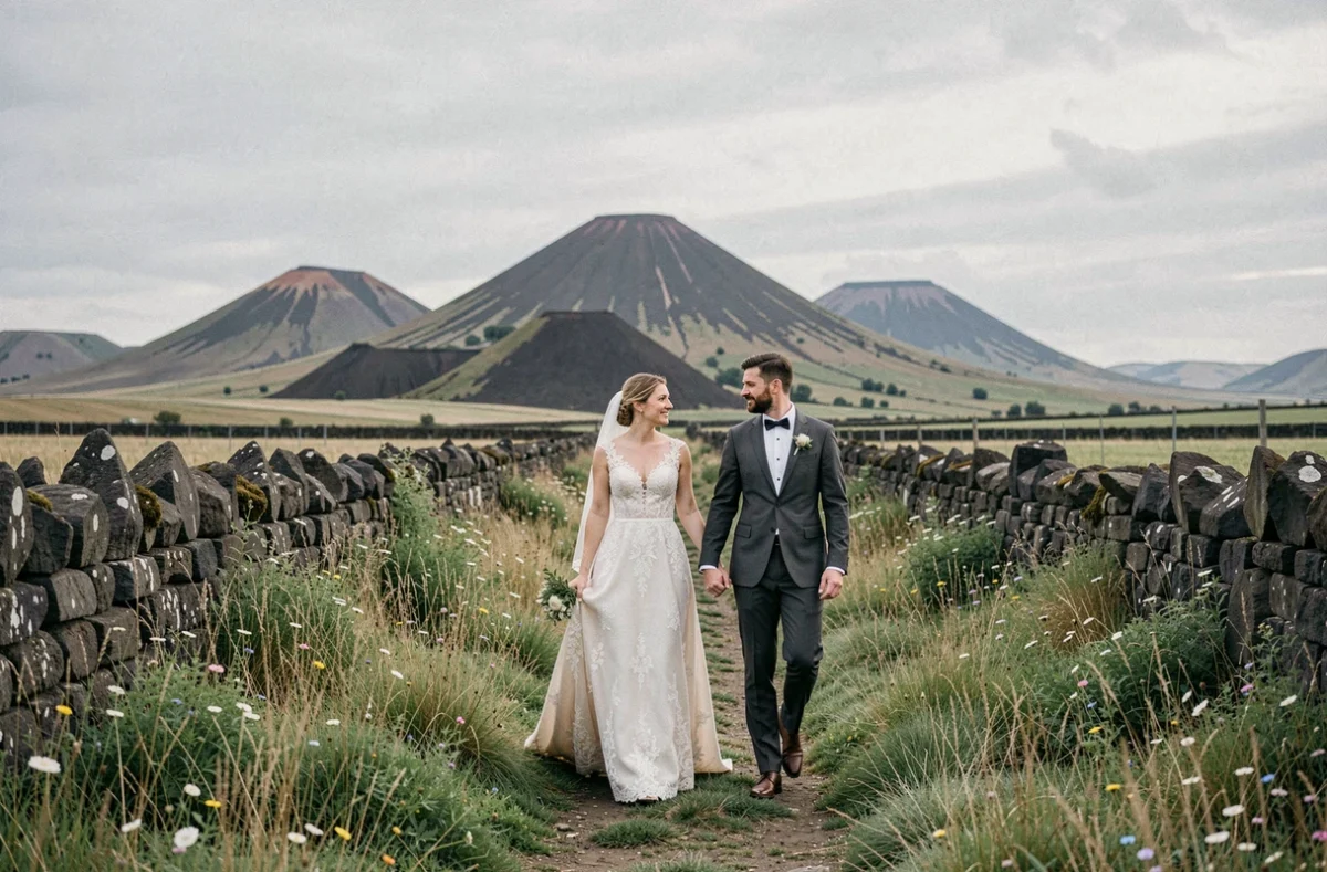 Reportage mariage en Auvergne par Christophe Habrial avec couple dans un paysage volcanique