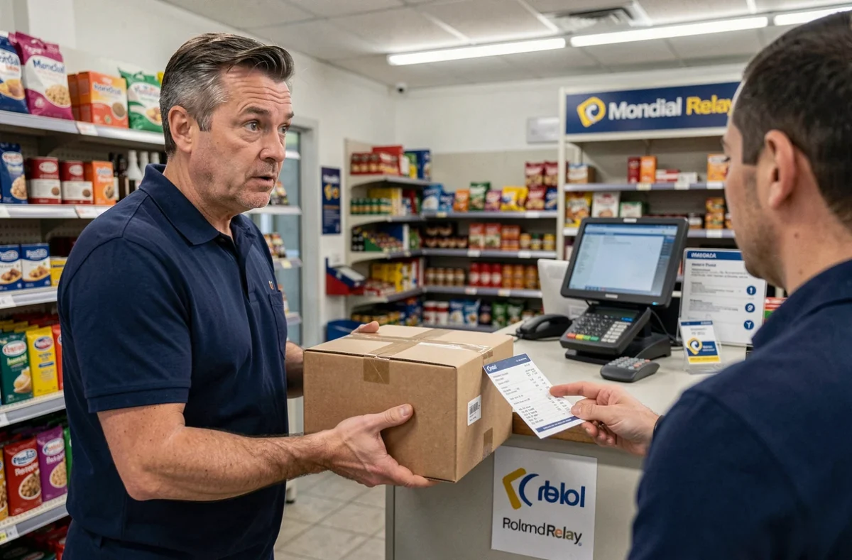 Client déposant un colis dans un point relais en discutant d'une erreur de frais de port avec un employé