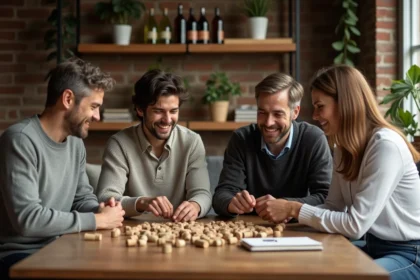 Groupe d'adultes réunis autour d'une table pour trier une collection de capsules de champagne lors d'une rencontre de club local