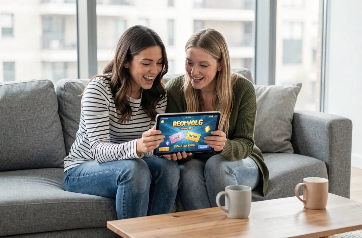 Deux amies consultant des codes de rachat gratuits pour le jeu Chapters sur une tablette