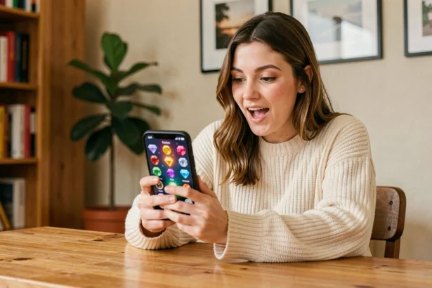 Jeune femme utilisant un smartphone pour entrer un code de rachat dans un jeu mobile Chapters