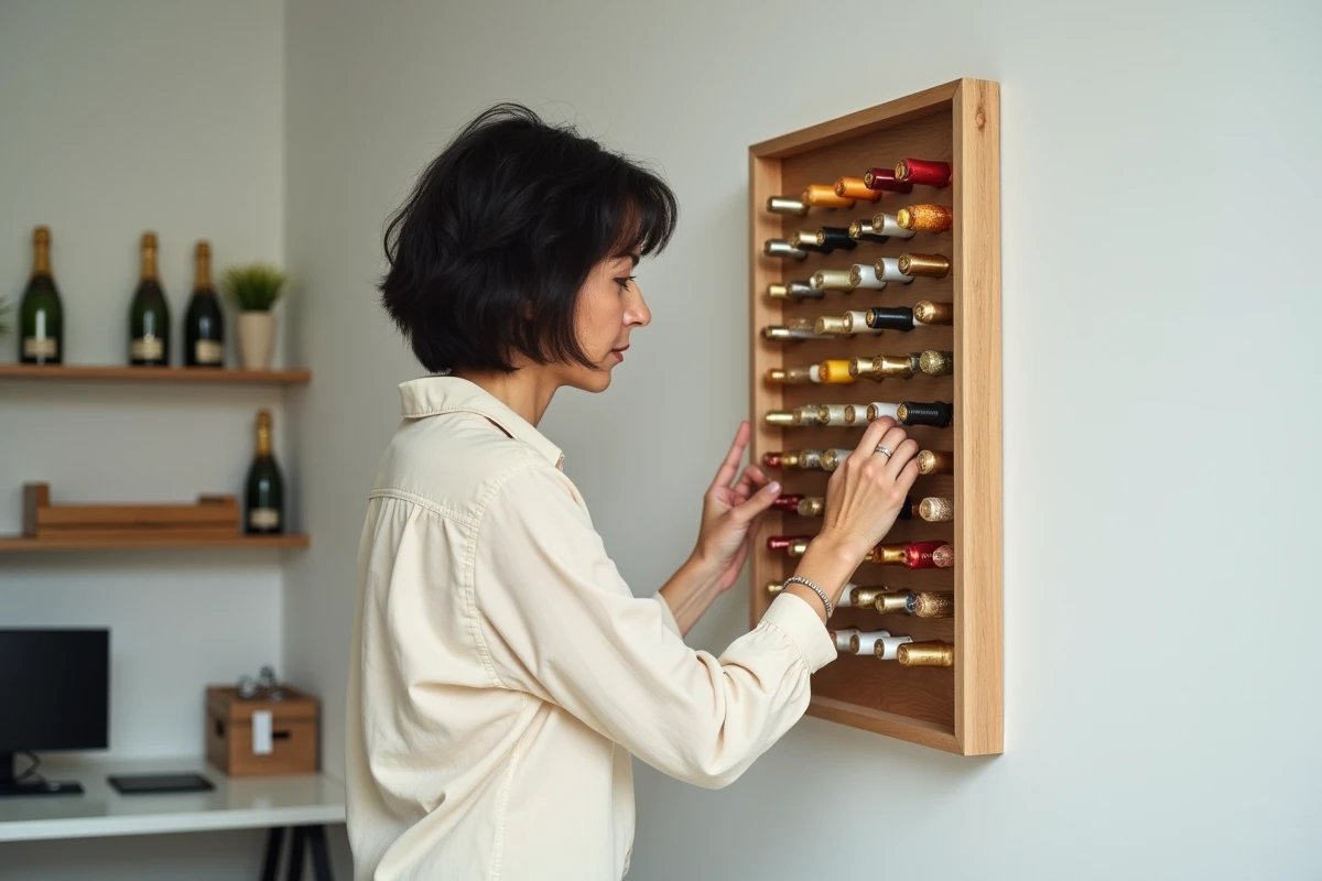 Femme arrangeant une collection de capsules de champagne dans un cadre d'exposition mural chez elle
