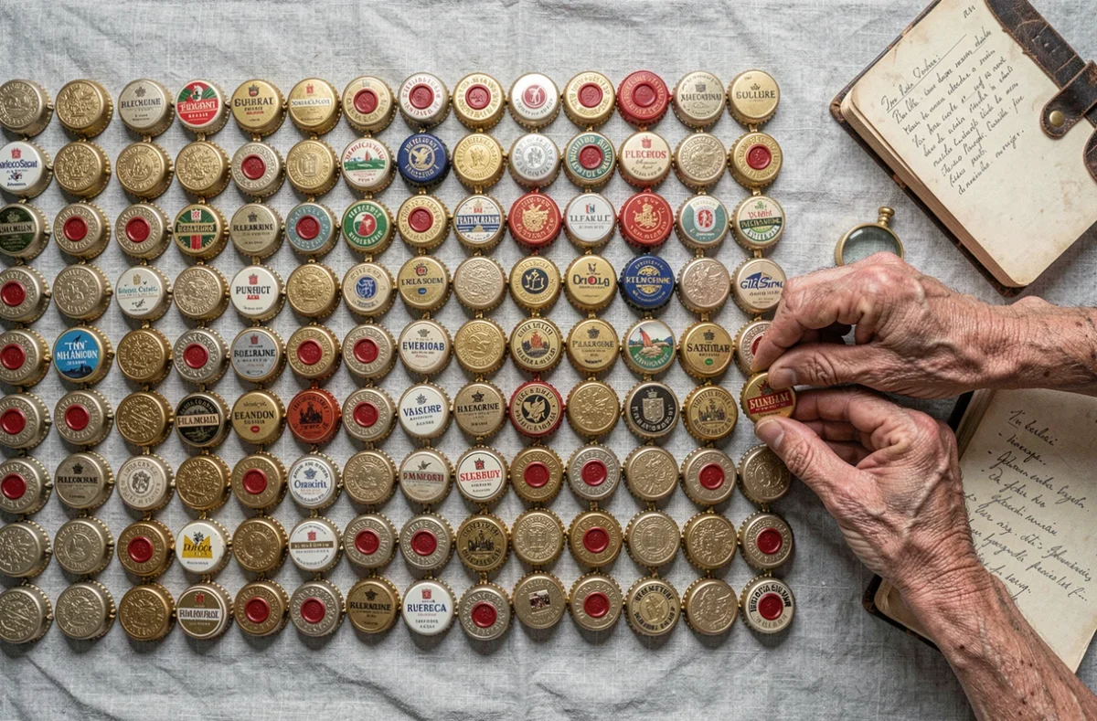 Vue aérienne d'une collection de capsules de champagne vintage et modernes disposées en grille sur un tissu gris avec loupe et carnet de notes