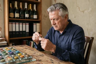 Collectionneur de capsules de champagne examinant une capsule métallique dans son bureau entouré de ses collections encadrées
