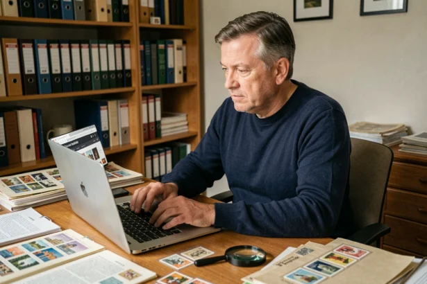 Collectionneur de timbres négociant un prix avec un vendeur sur Delcampe depuis son bureau à domicile