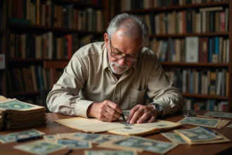 Collectionneur de timbres examinant un timbre rare avec une loupe dans un bureau philatélique