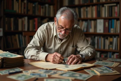 Collectionneur de timbres examinant un timbre rare avec une loupe dans un bureau philatélique