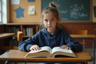 Collégienne lisant un livre d'histoire de France en classe, manuel illustré sur le bureau en bois