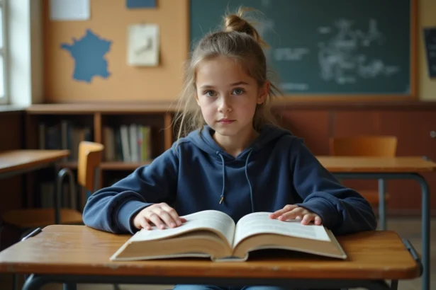 Collégienne lisant un livre d'histoire de France en classe, manuel illustré sur le bureau en bois